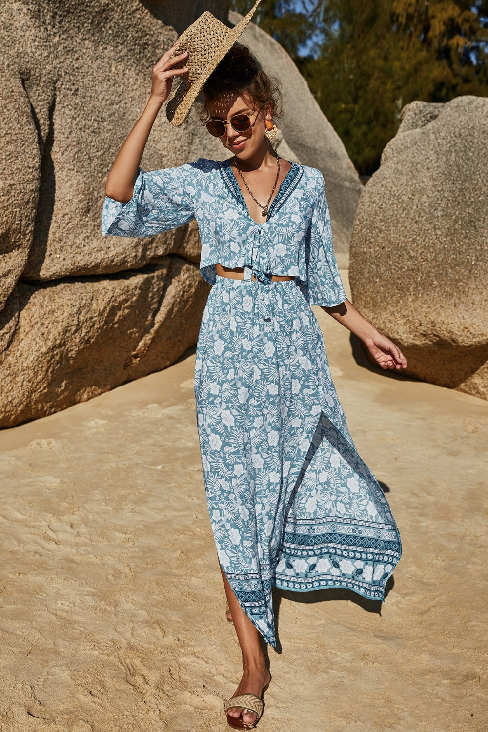 Aquiline Printed Half Sleeve Top and Slit Skirt Set