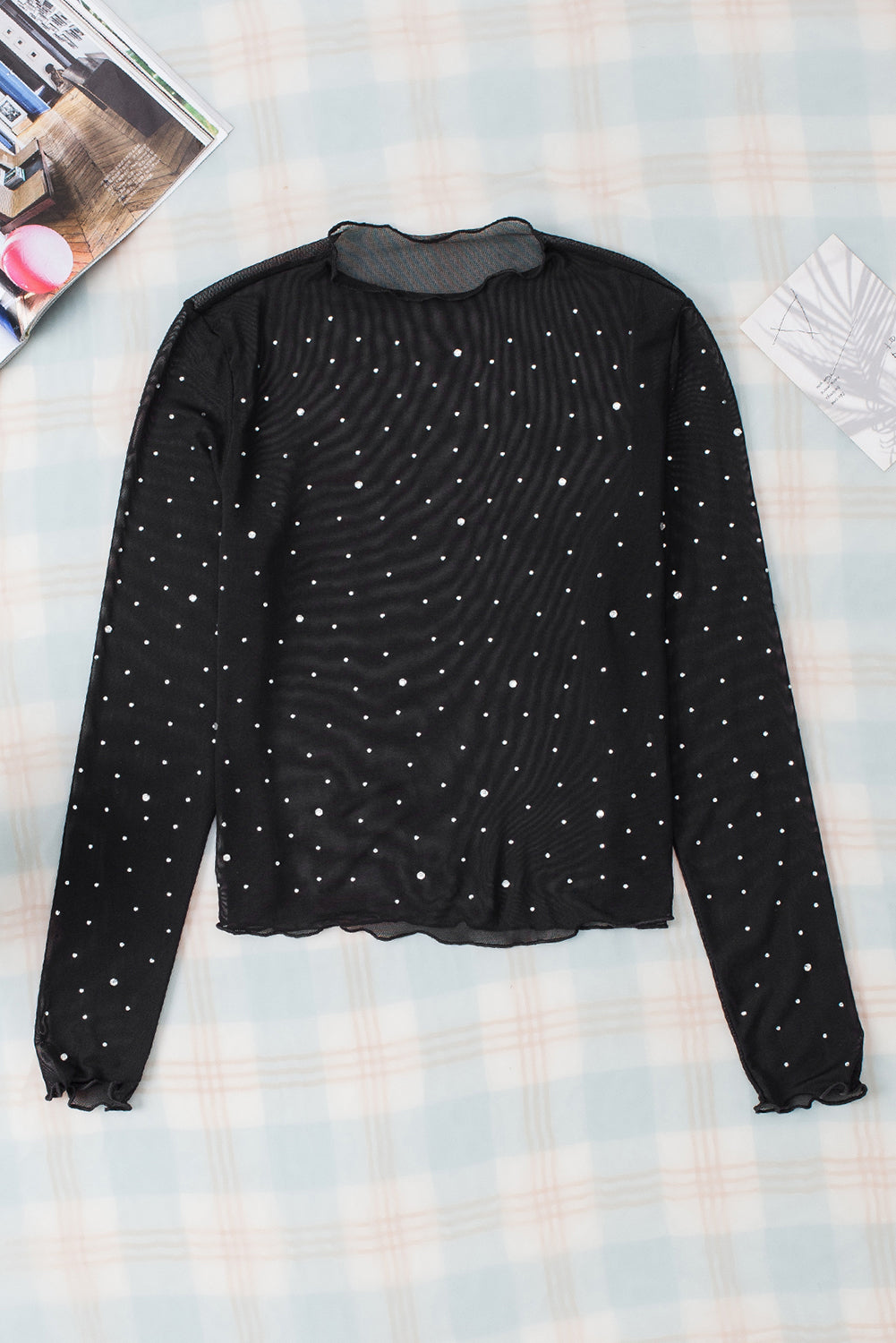 Rockabilly Rhinestone Round Neck Long Sleeve Blouse