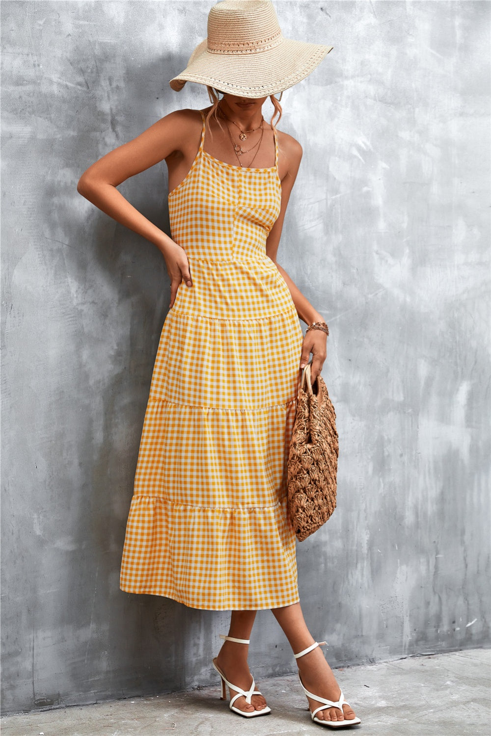 Not Just Any Picnic Plaid Square Neck Midi Cami Dress