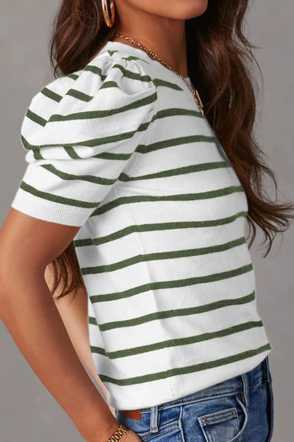 Silverspun Striped Round Neck Puff Sleeve Knit Top