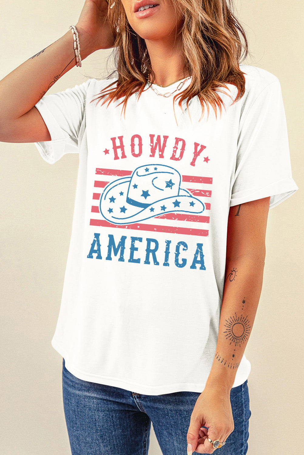 HOWDY America Graphic Round Neck Short Sleeve T-Shirt