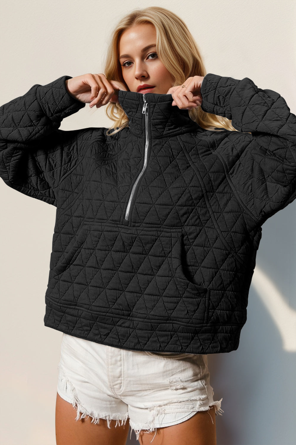 Quinn Double Take Half Zip Long Sleeve Quilted Sweatshirt with Pocket