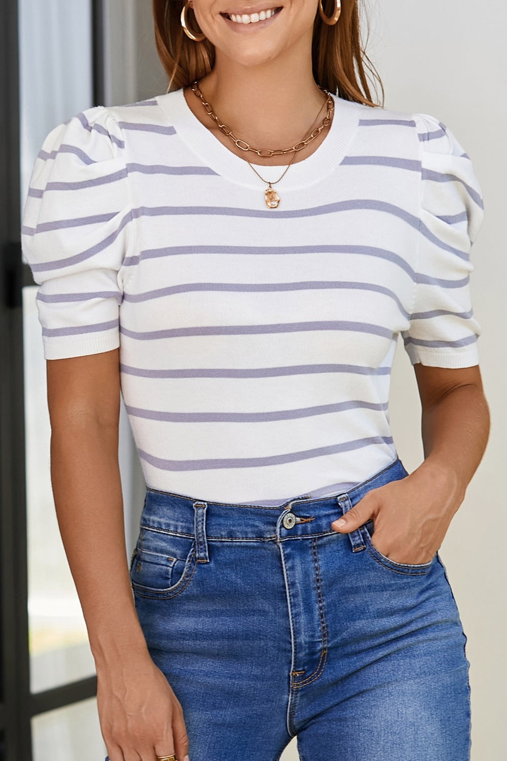 Silverspun Striped Round Neck Puff Sleeve Knit Top