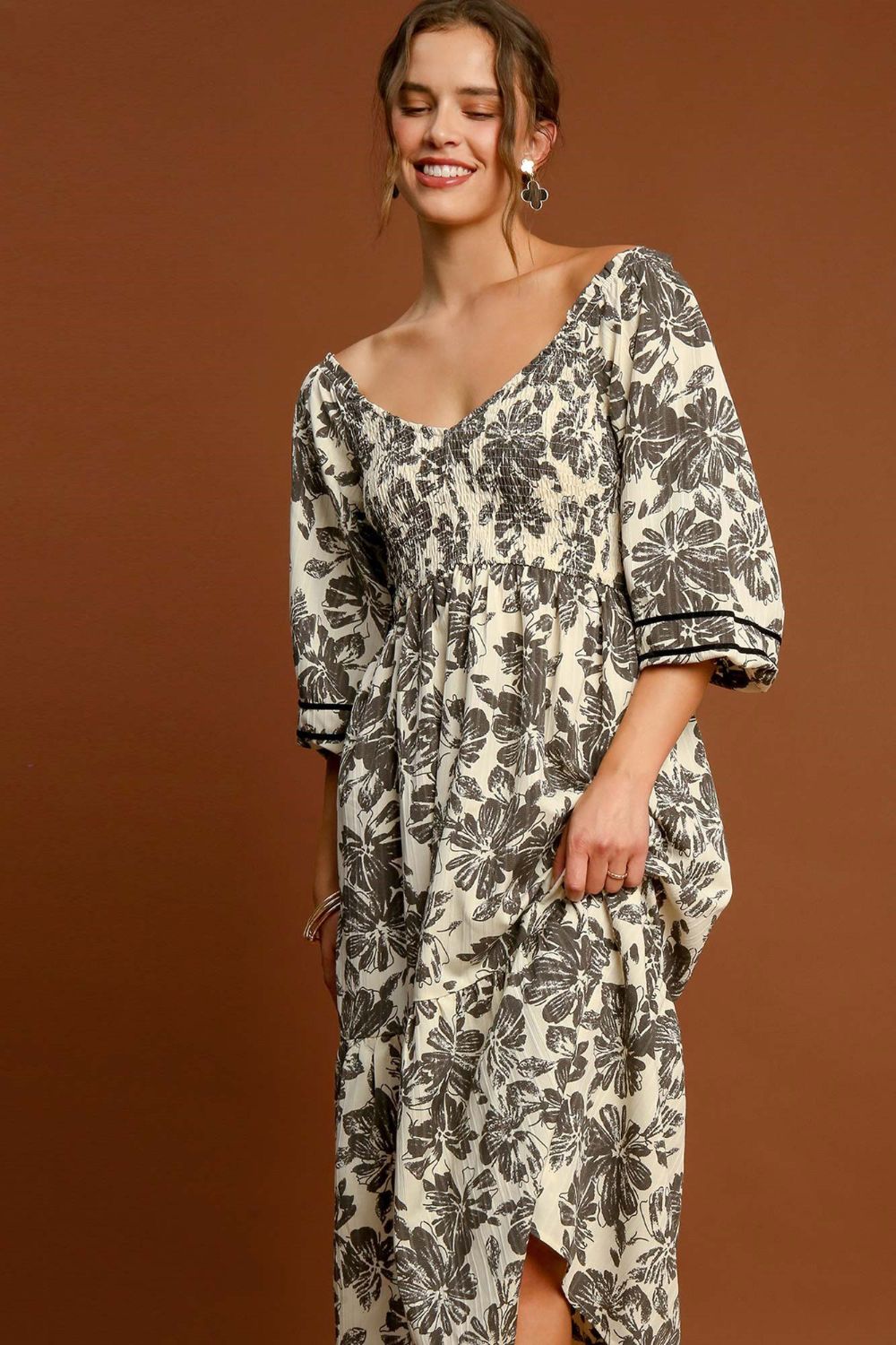 Noelle Umgee Ruffle Hem Flower Printed V-Neck Dress