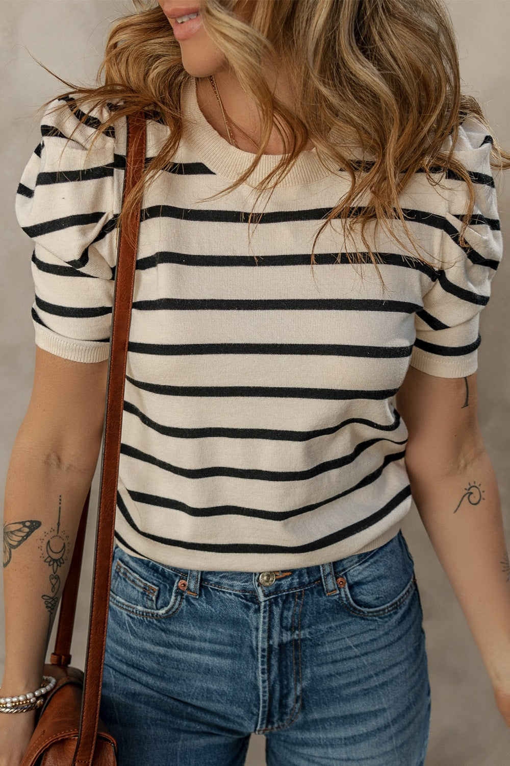 Silverspun Striped Round Neck Puff Sleeve Knit Top