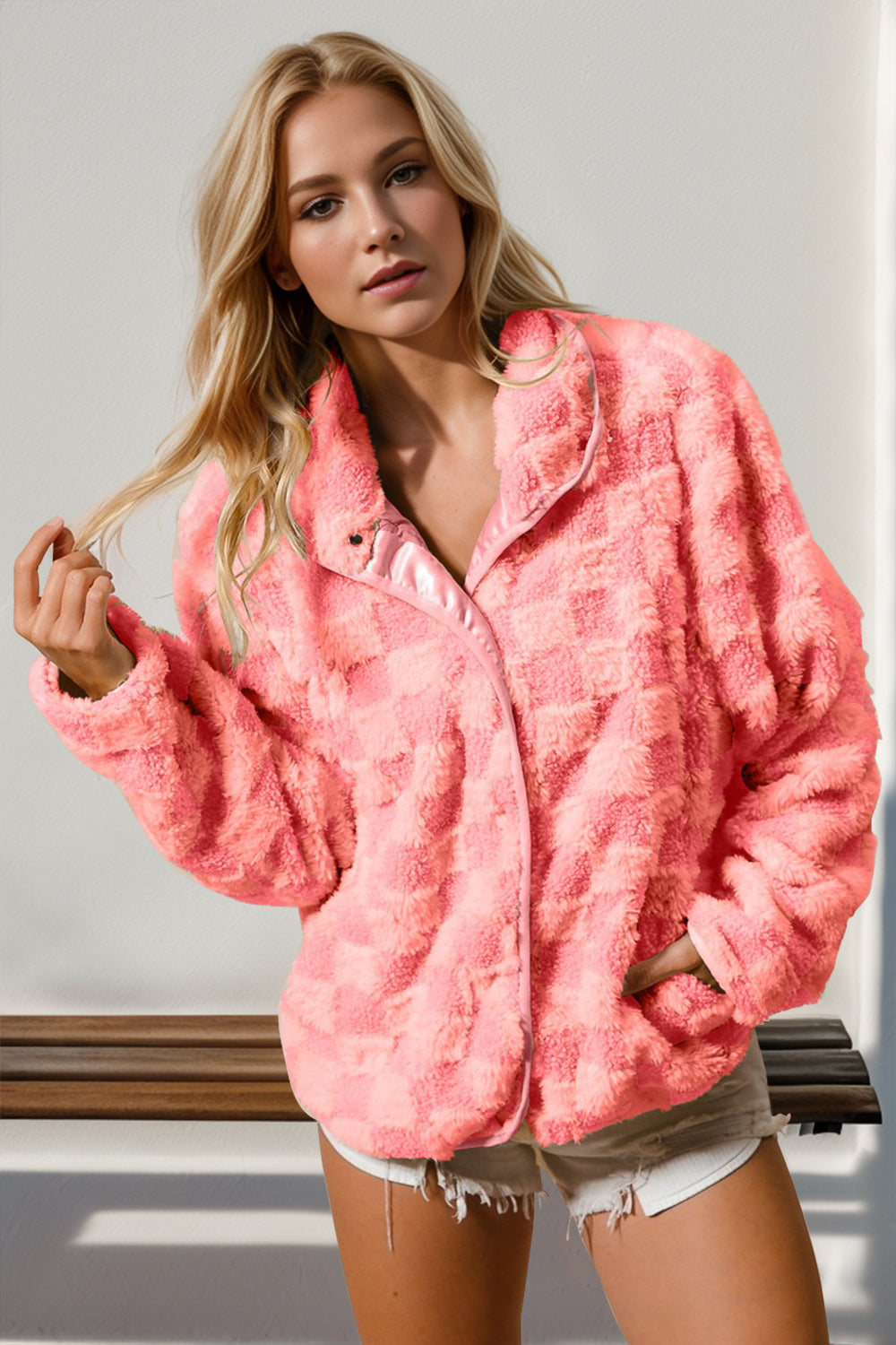 Donny Double Take Checkered Long Sleeve Fuzzy Jacket