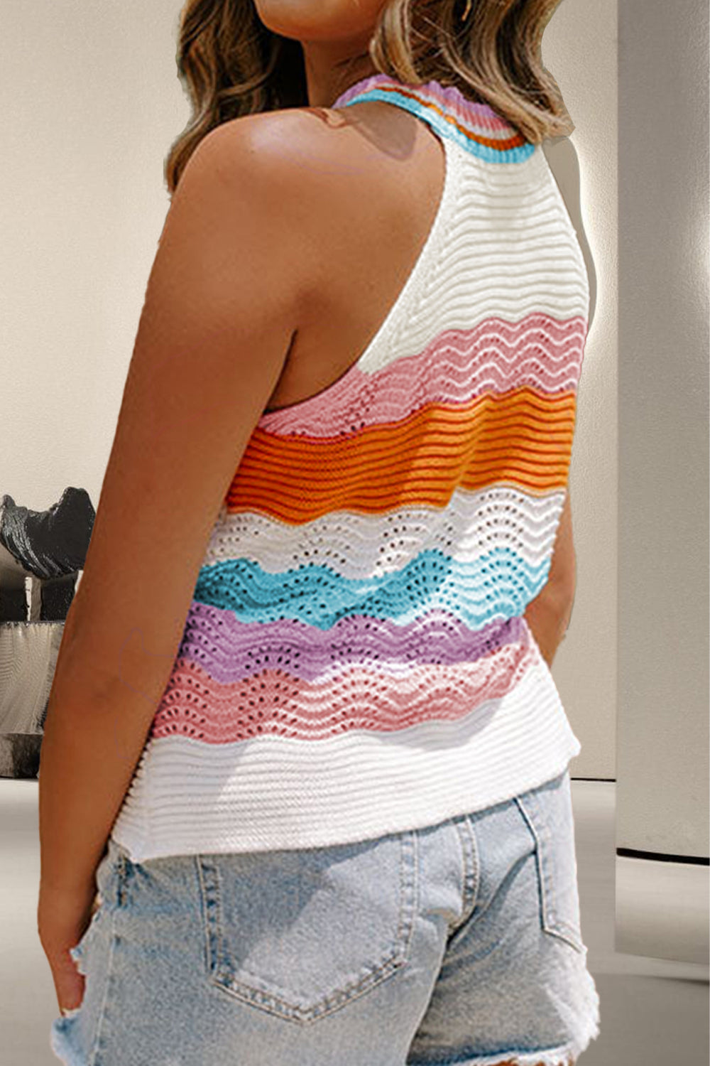 Sunrise Color Block Round Neck Knit Vest