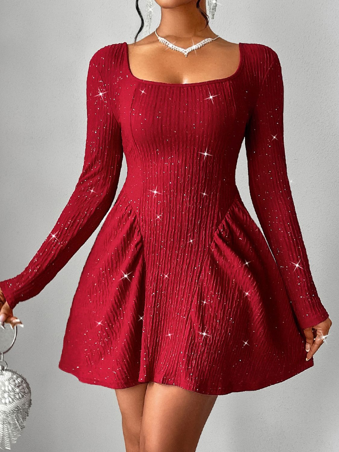 Sierra Backless Glitter Square Neck Long Sleeve Mini Dress