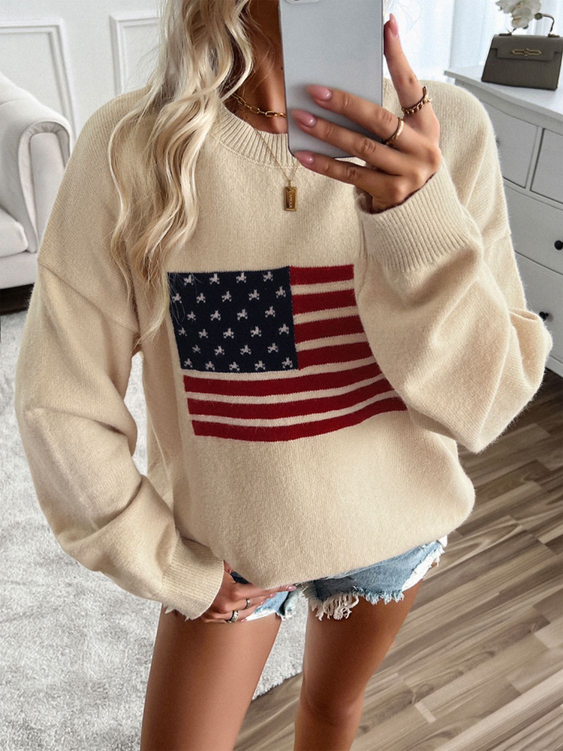 🇺🇸Devin US Flag Round Neck Long Sleeve Knit Top