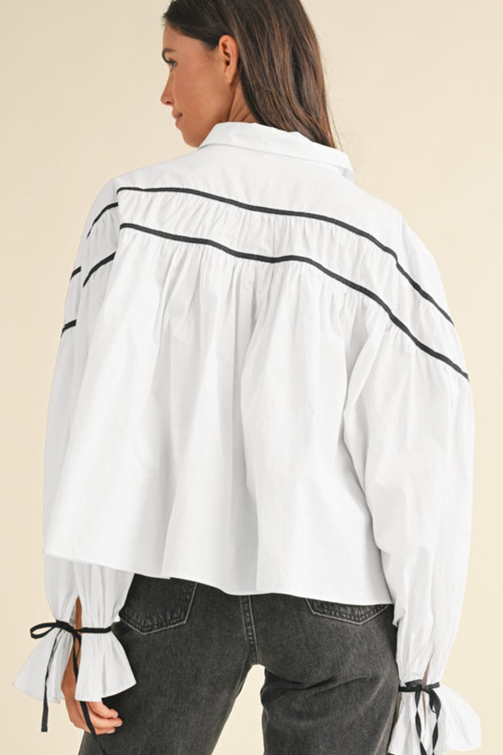 Robby Ribbon Bowtie Collared Neck Flounce Sleeve Shirt