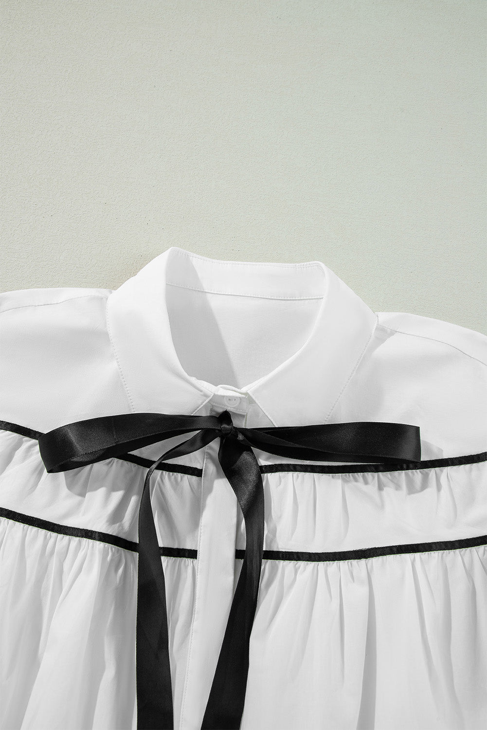 Robby Ribbon Bowtie Collared Neck Flounce Sleeve Shirt