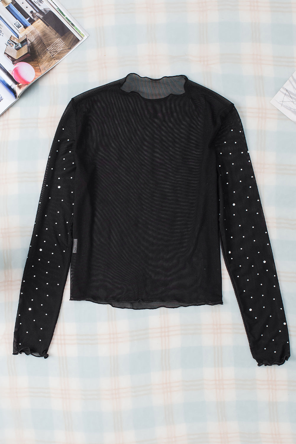 Rockabilly Rhinestone Round Neck Long Sleeve Blouse