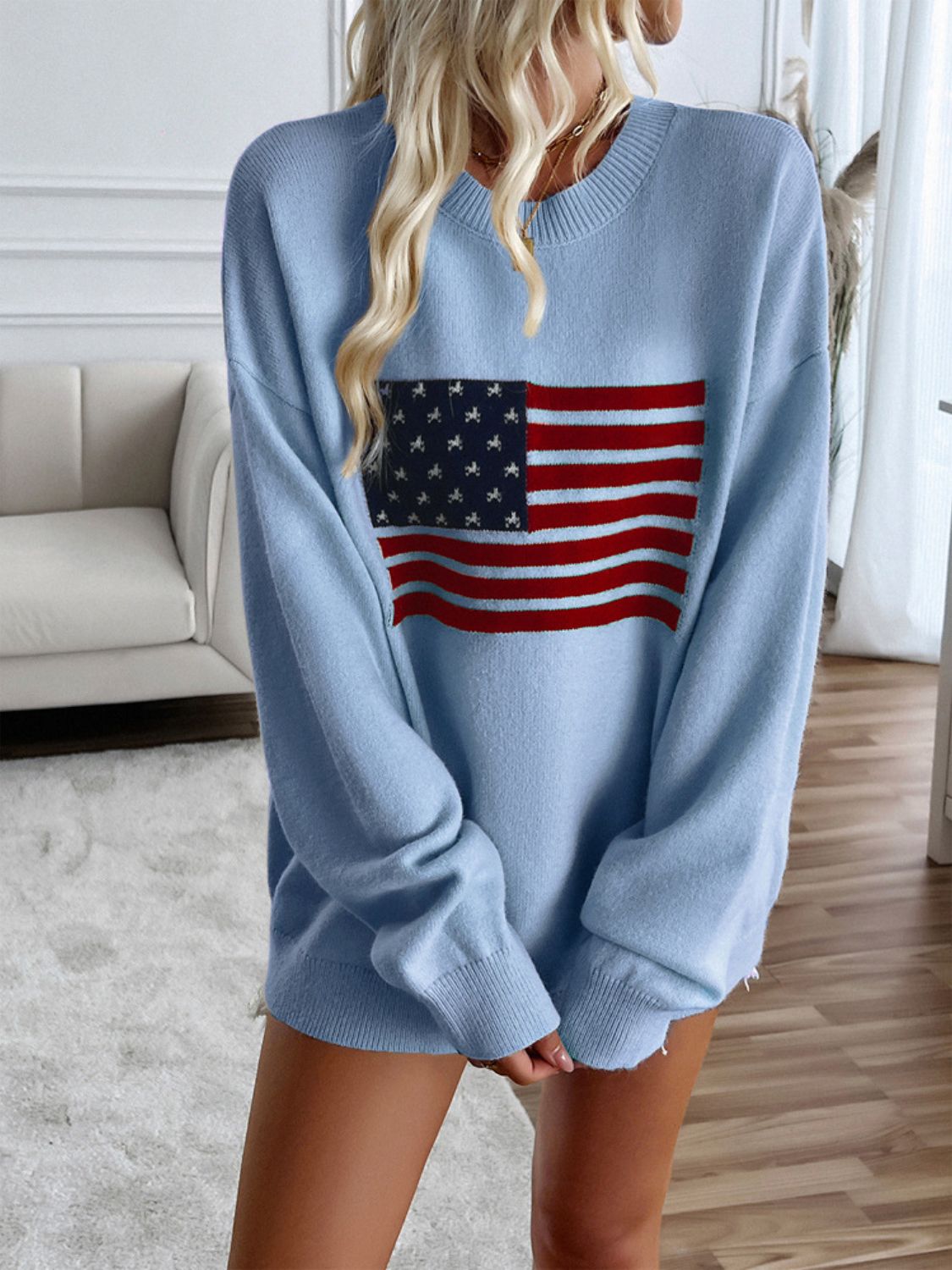 🇺🇸Devin US Flag Round Neck Long Sleeve Knit Top