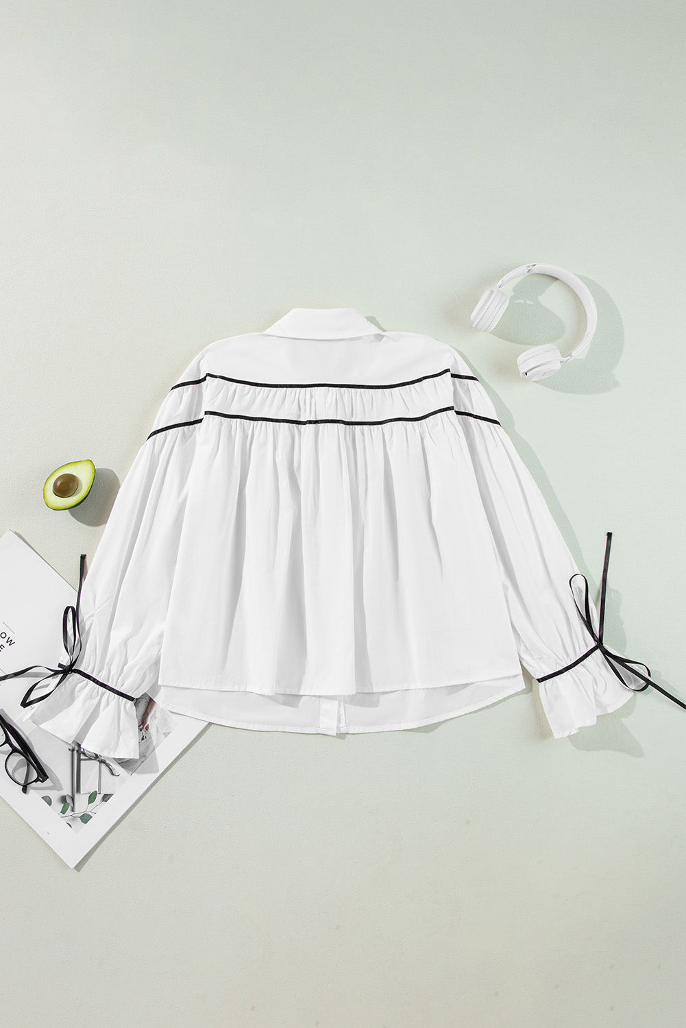 Robby Ribbon Bowtie Collared Neck Flounce Sleeve Shirt