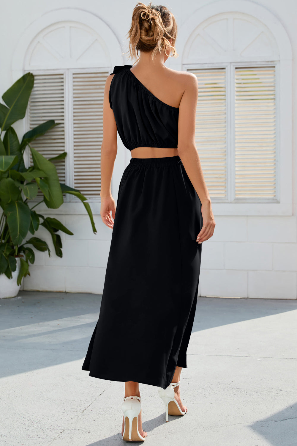 Marina Ruched One Shoulder Top and Slit Skirt Set