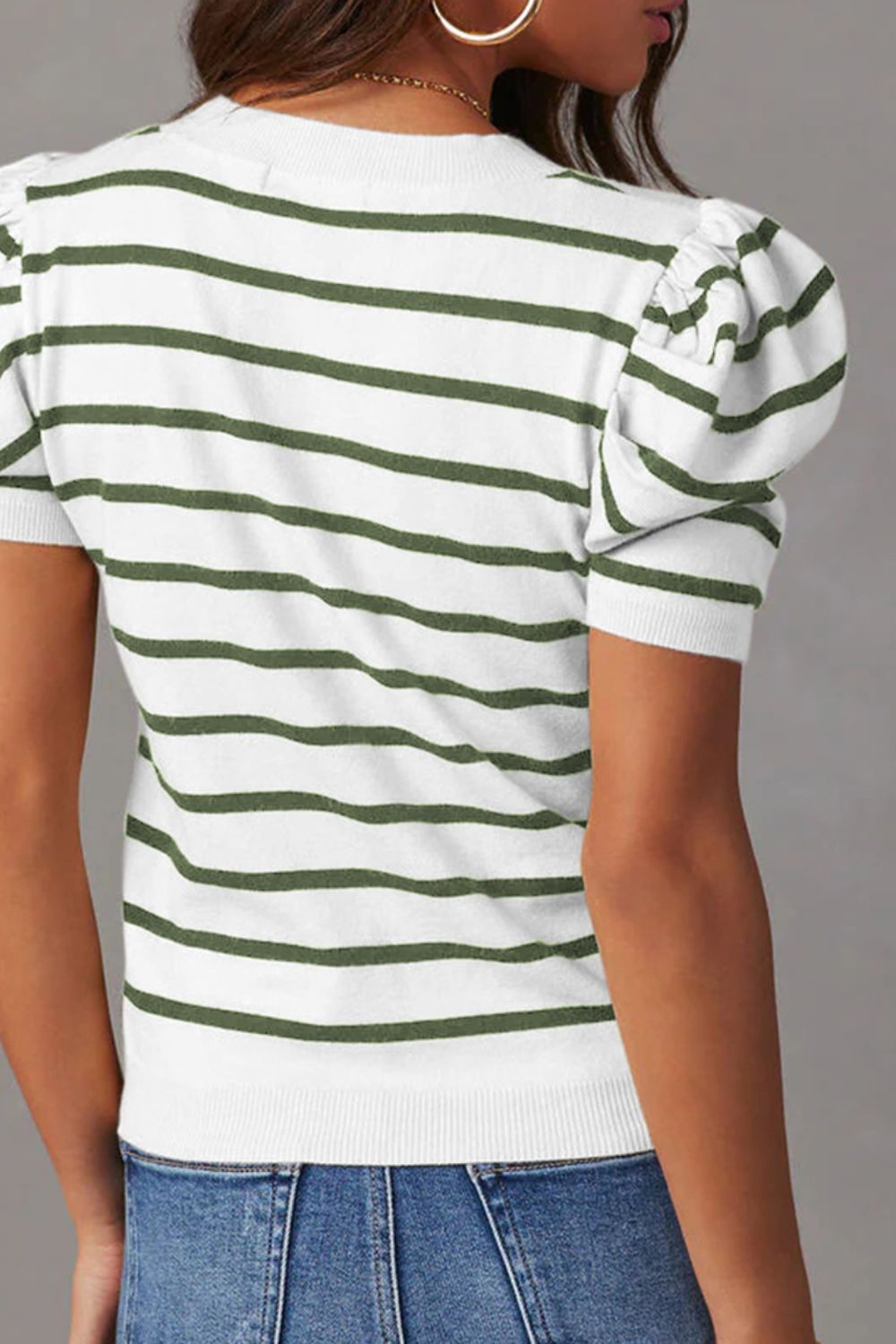 Silverspun Striped Round Neck Puff Sleeve Knit Top