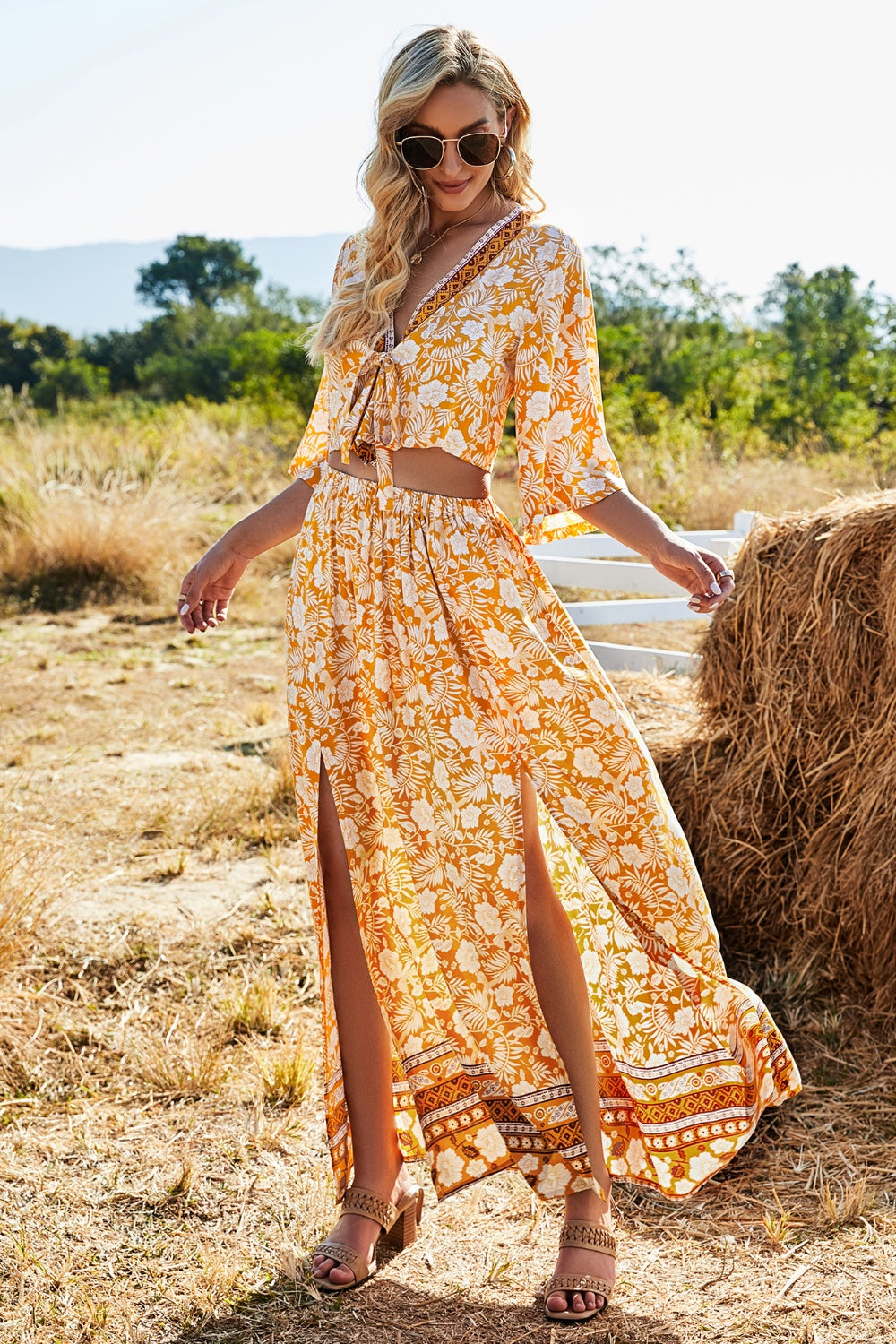 Aquiline Printed Half Sleeve Top and Slit Skirt Set