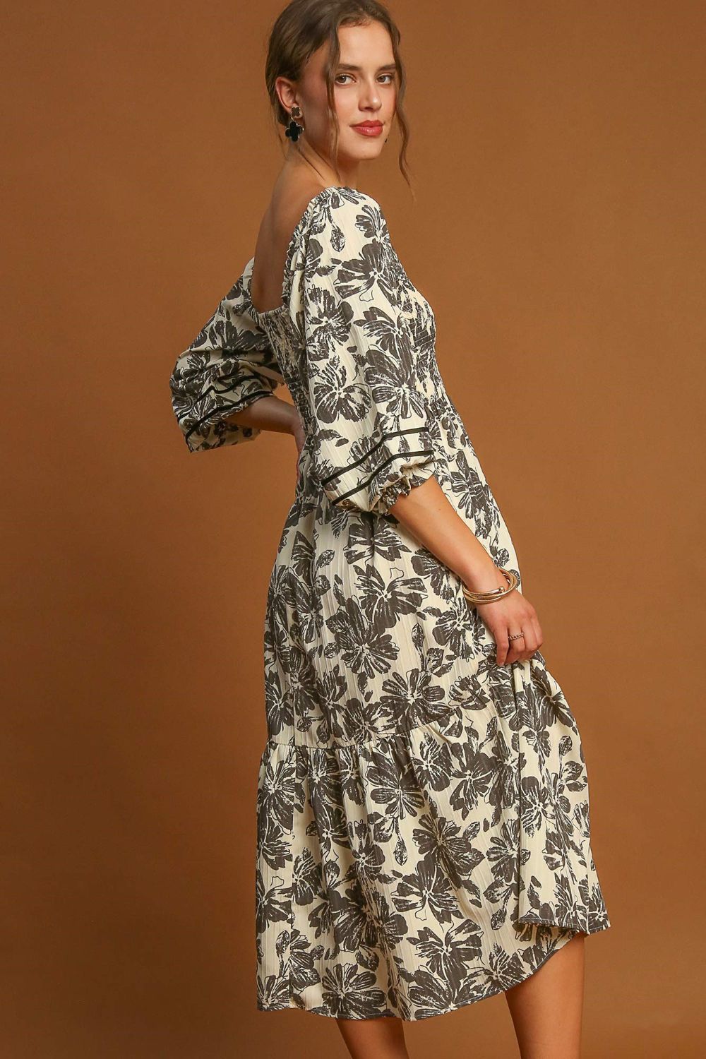 Noelle Umgee Ruffle Hem Flower Printed V-Neck Dress
