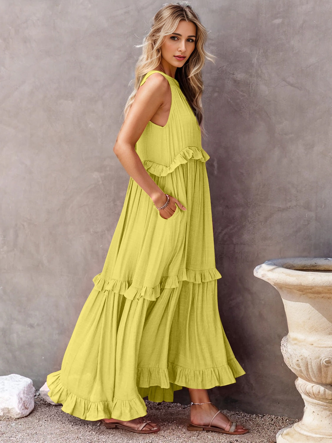 Abby Ruffled Sleeveless Tiered Maxi Dress with Pockets