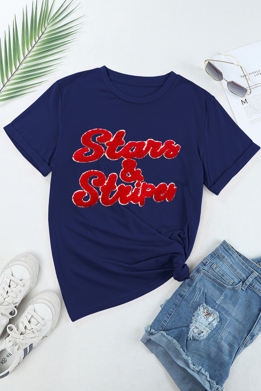 Stars and Stripes Patriotic Letter Round Neck Short Sleeve T-Shirt