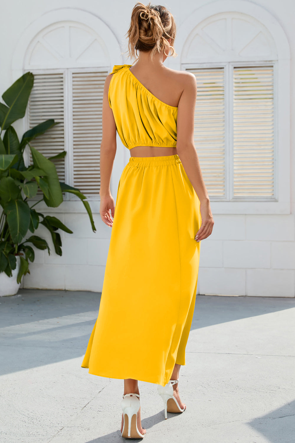 Marina Ruched One Shoulder Top and Slit Skirt Set