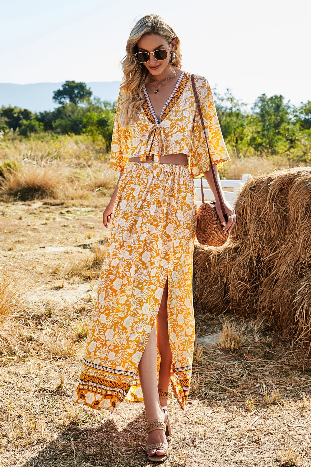 Aquiline Printed Half Sleeve Top and Slit Skirt Set