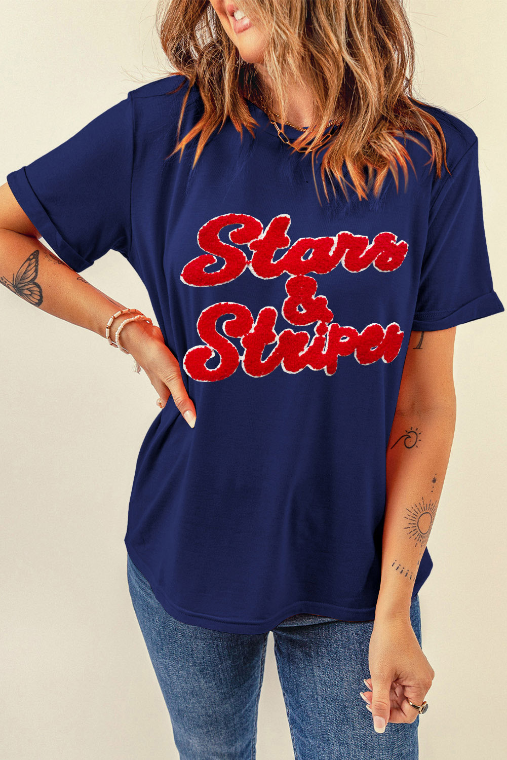 Stars and Stripes Patriotic Letter Round Neck Short Sleeve T-Shirt