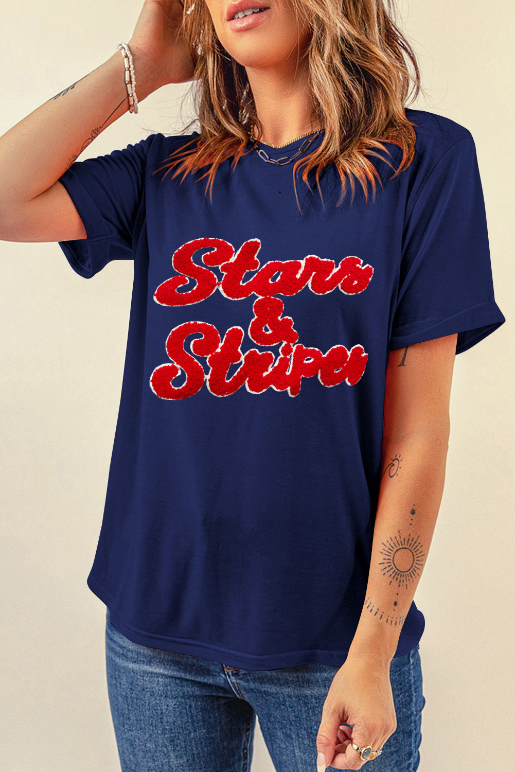 Stars and Stripes Patriotic Letter Round Neck Short Sleeve T-Shirt