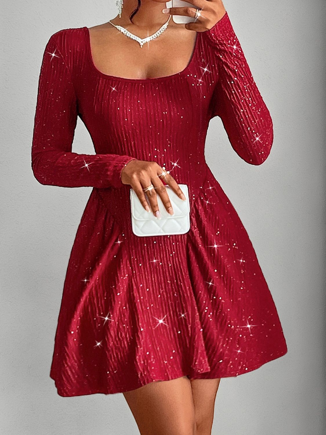 Sierra Backless Glitter Square Neck Long Sleeve Mini Dress