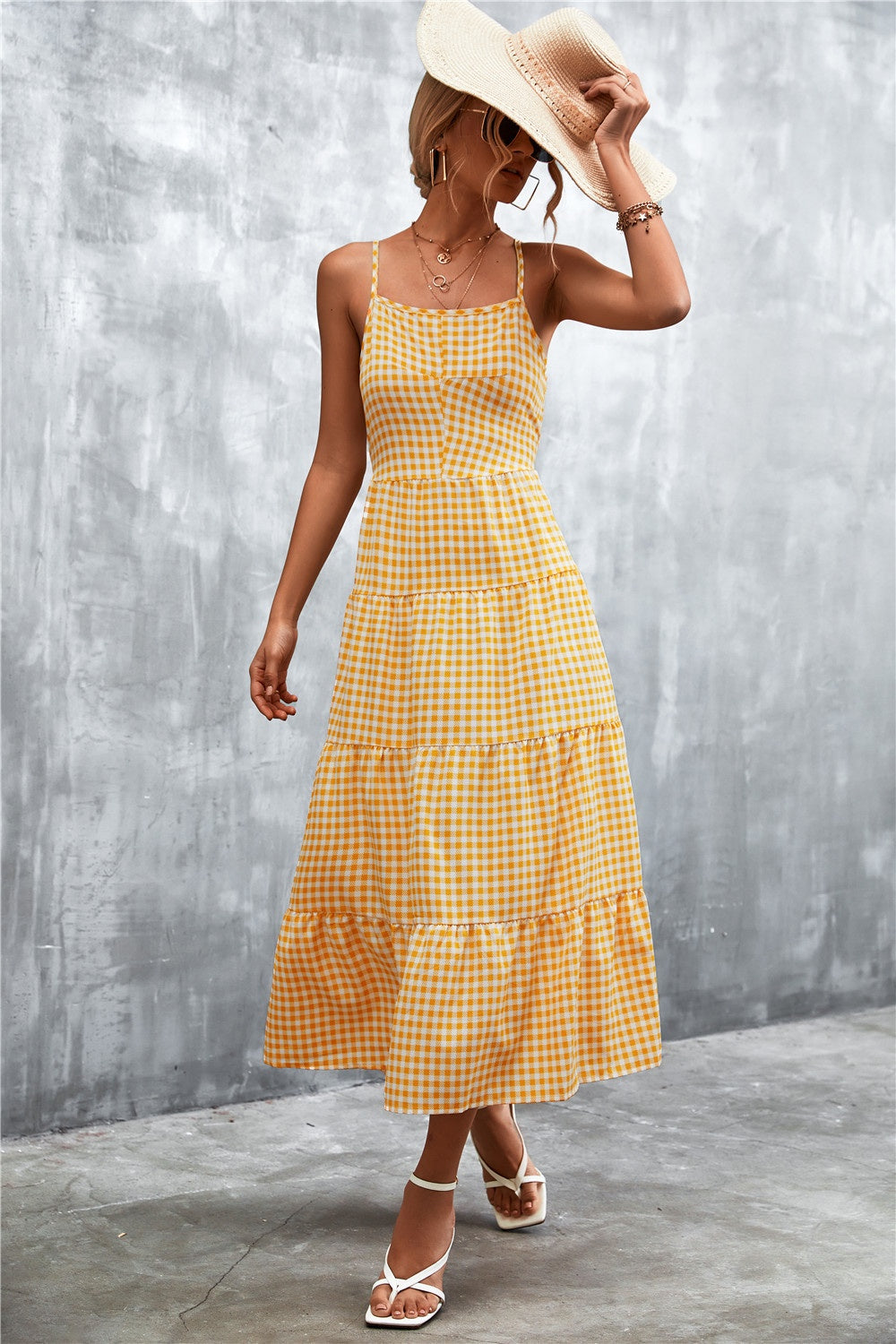 Not Just Any Picnic Plaid Square Neck Midi Cami Dress