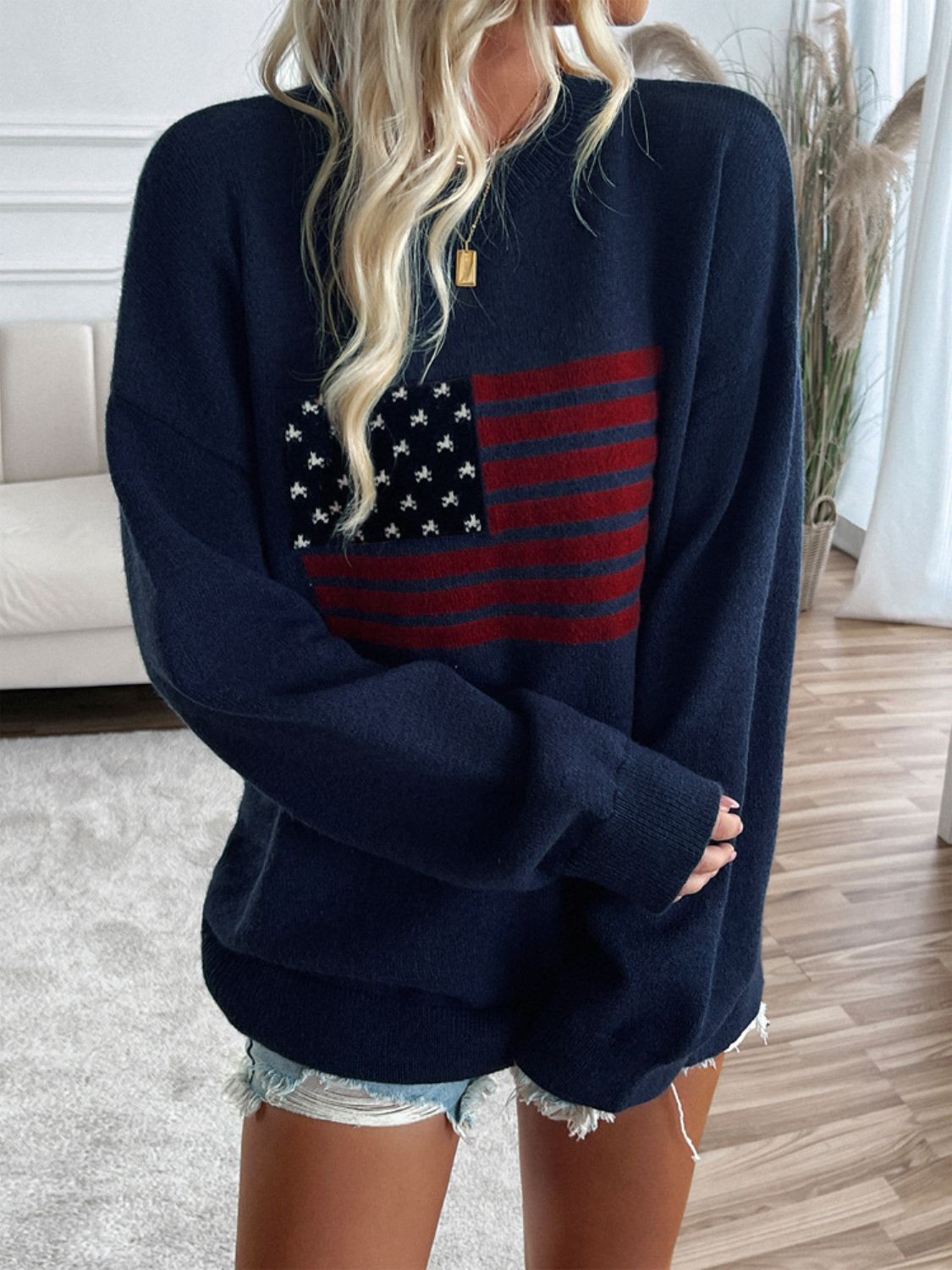 🇺🇸Devin US Flag Round Neck Long Sleeve Knit Top