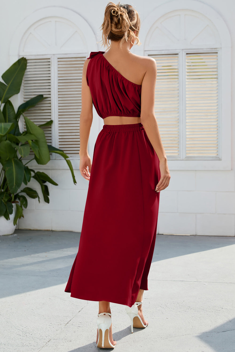 Marina Ruched One Shoulder Top and Slit Skirt Set
