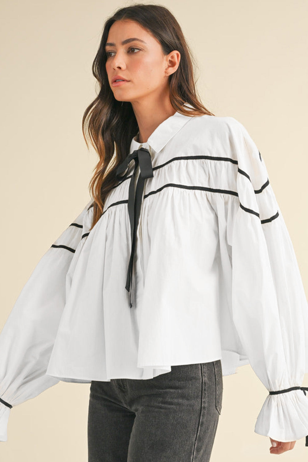 Robby Ribbon Bowtie Collared Neck Flounce Sleeve Shirt