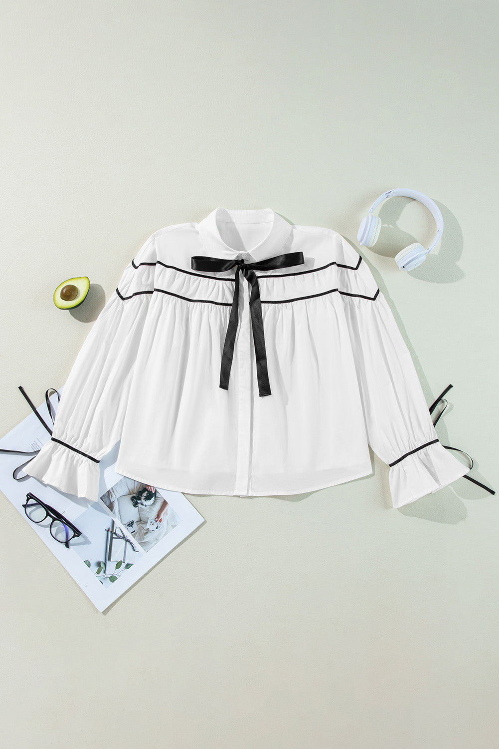 Robby Ribbon Bowtie Collared Neck Flounce Sleeve Shirt