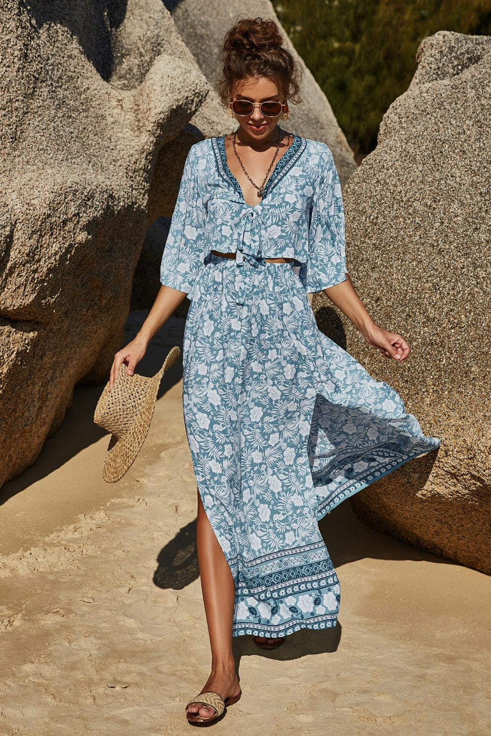 Aquiline Printed Half Sleeve Top and Slit Skirt Set