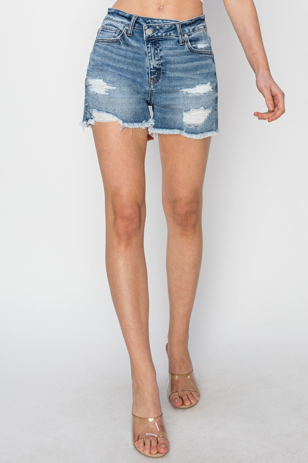 A Step Above Stepped Waist Frayed Denim Shorts