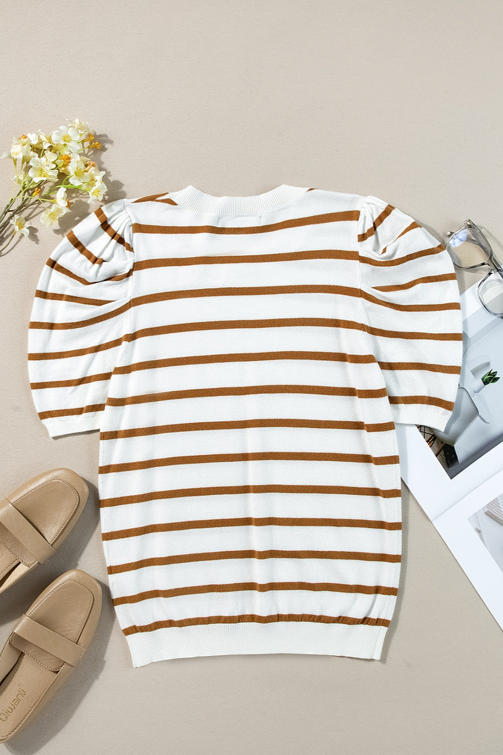 Silverspun Striped Round Neck Puff Sleeve Knit Top