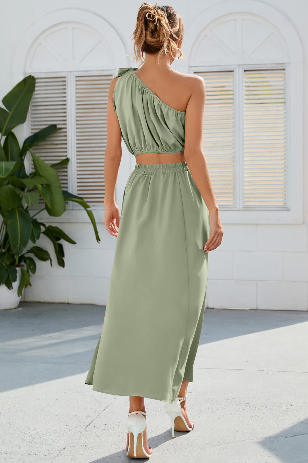 Marina Ruched One Shoulder Top and Slit Skirt Set