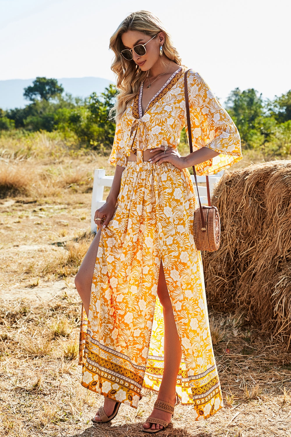 Aquiline Printed Half Sleeve Top and Slit Skirt Set