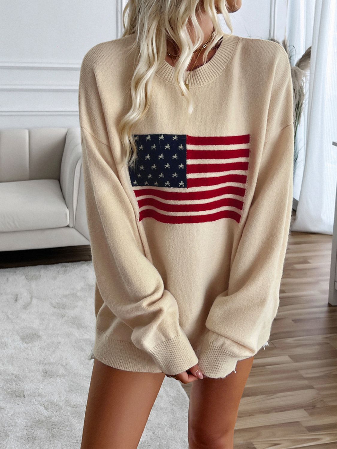 🇺🇸Devin US Flag Round Neck Long Sleeve Knit Top
