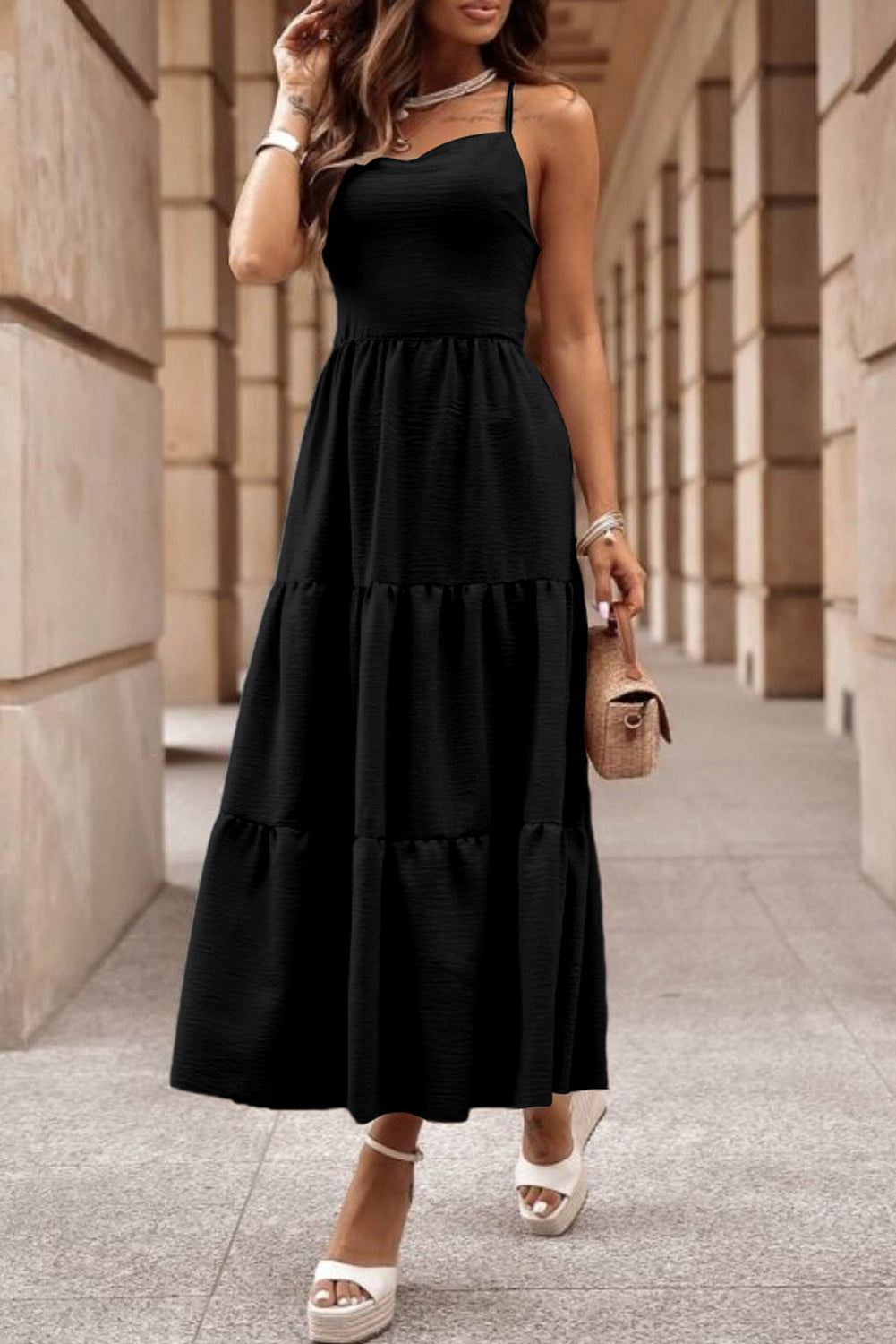 Truliano Tiered Crisscross Spaghetti Strap Dress