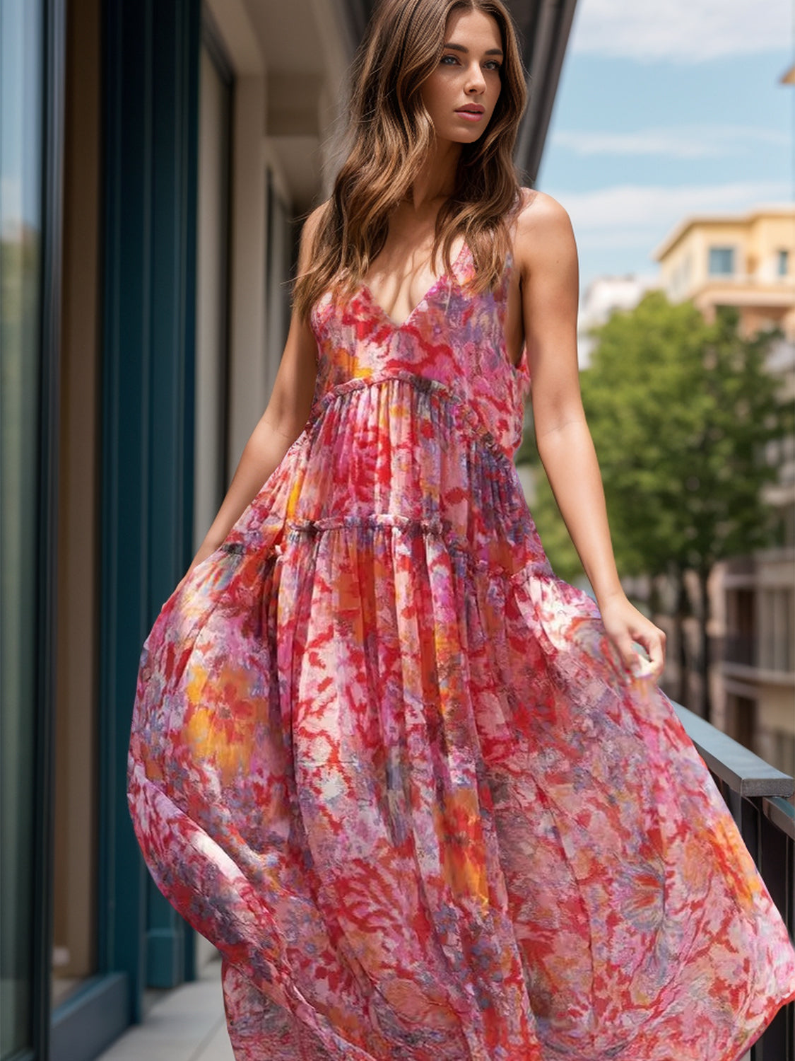 Dahlia Tiered Printed V-Neck Sleeveless Dress