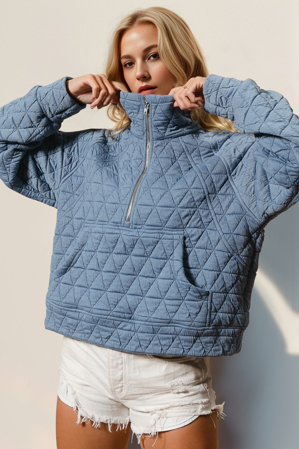 Quinn Double Take Half Zip Long Sleeve Quilted Sweatshirt with Pocket