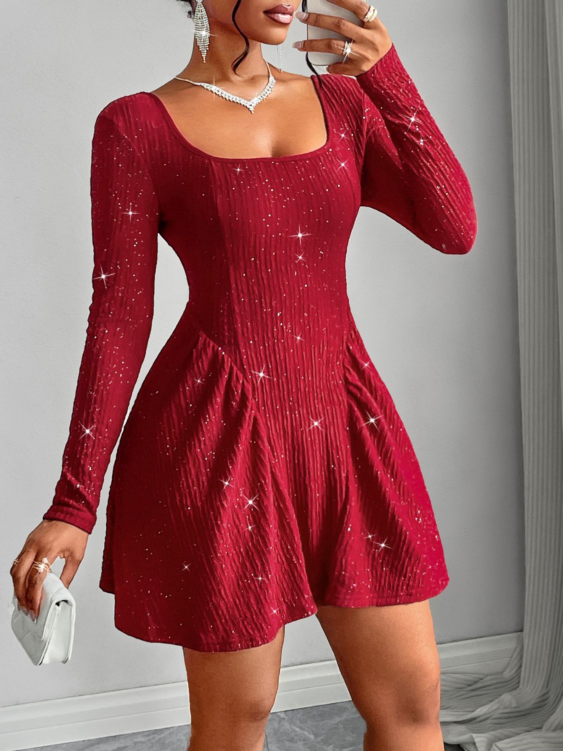 Sierra Backless Glitter Square Neck Long Sleeve Mini Dress