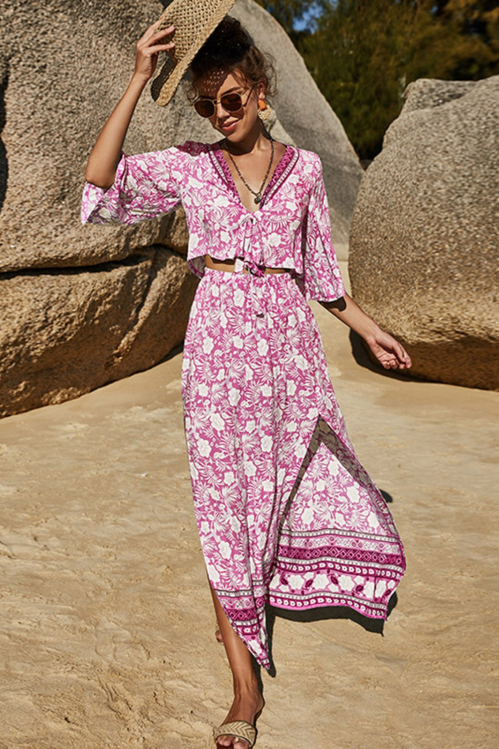 Aquiline Printed Half Sleeve Top and Slit Skirt Set