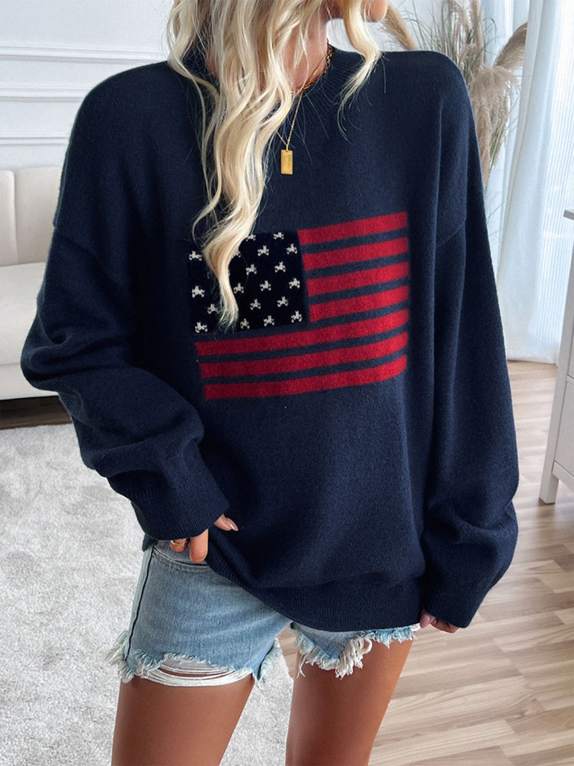 🇺🇸Devin US Flag Round Neck Long Sleeve Knit Top