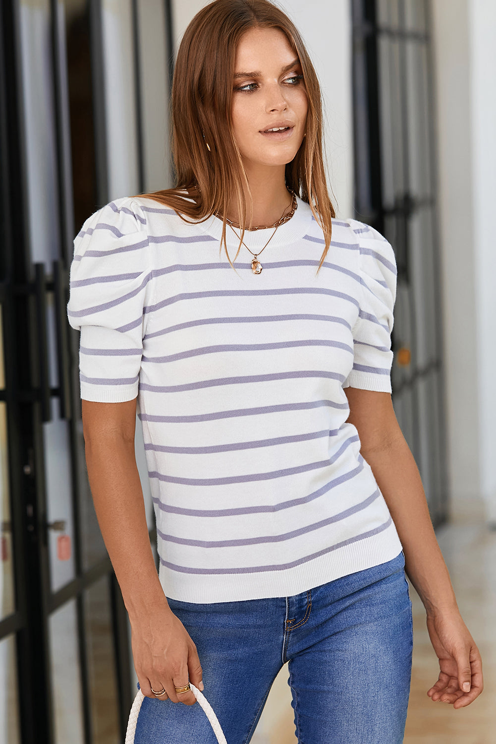 Silverspun Striped Round Neck Puff Sleeve Knit Top