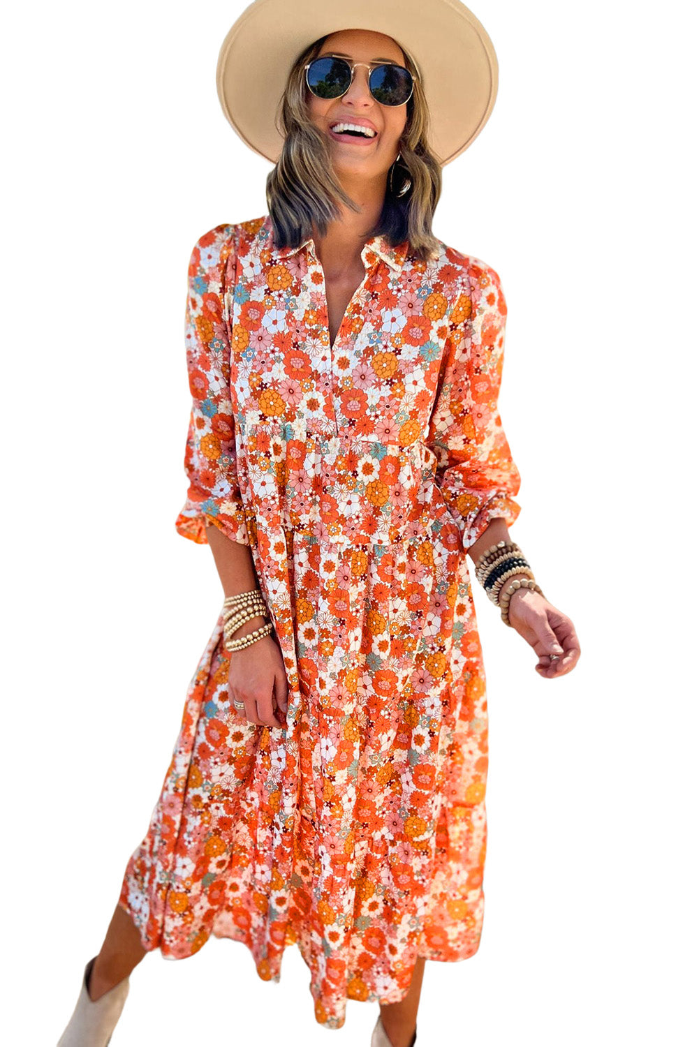 Yoko Ono Yellow Boho Floral Collared Long Sleeve Dress
