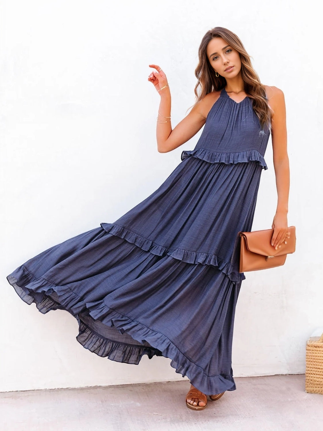 Abby Ruffled Sleeveless Tiered Maxi Dress with Pockets