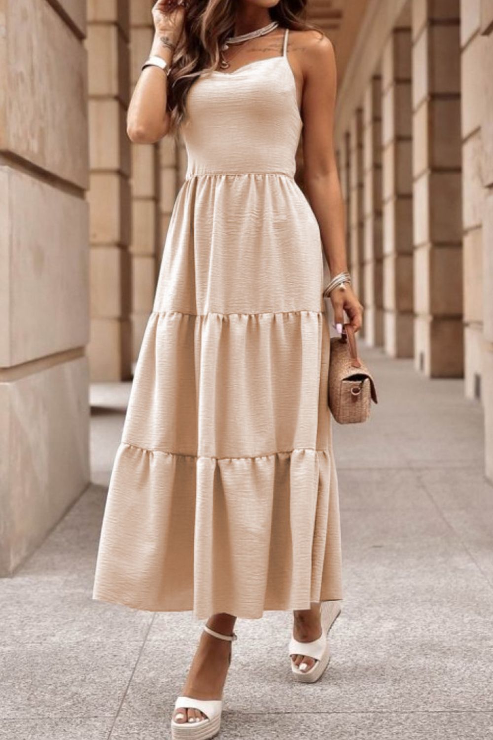 Truliano Tiered Crisscross Spaghetti Strap Dress